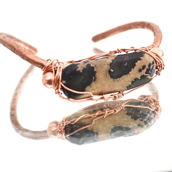 Leopard Cheetah Jasper Solid Copper Cuff Bracelet - Picture 2 of 7